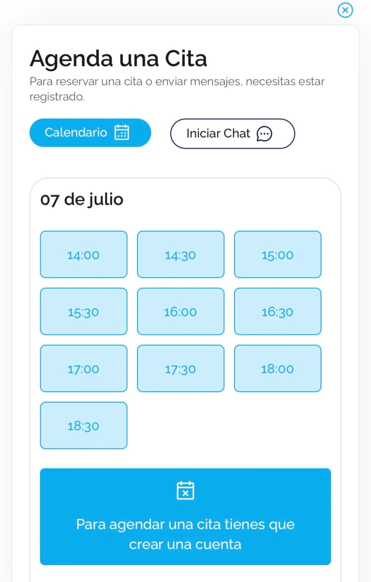 Pantalla de reserva de cita en Quiropráctica.com