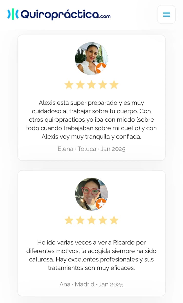 Pantalla de reseñas en Quiropráctica.com