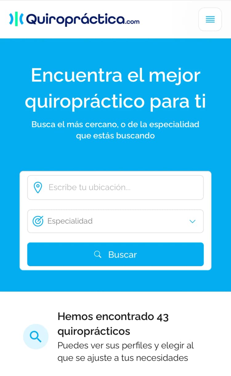 Pantalla de búsqueda en Quiropráctica.com